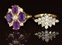 A 9ct gold ring set with four oval cut amethyst and diamonds (size C/D) and a 9ct gold ring set with