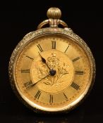 Unnamed 9ct gold keyless winding open faced pocket watch with blued hands, black Roman numerals,