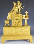 Rossel Rouen French Empire style gilt metal mantel clock, the two train movement striking on a bell,