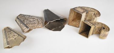 Three Chinese, Burmese or similar pouches or pockets, two with Chinese character marks to bases,