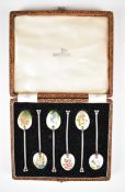 Walker & Hall cased set hallmarked silver and floral enamel decorated spoons, Birmingham 1959,