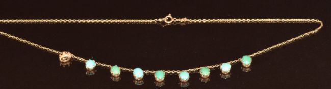 Edwardian 9k gold necklace set with turquoise cabochons (one missing), 3.6g, 40cm