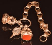 Two silver gilt seals set with carnelian agate, a silver gilt watch key, all on an embossed loop