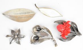 David Andersen Norwegian silver brooch in the form of a leaf set with white enamel, N.E. From Danish