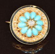 Victorian brooch set with an old cut diamond surrounded by turquoise cabochons, further surrounded