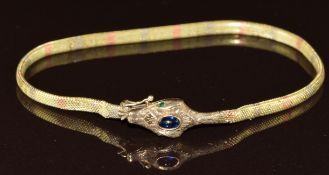 Victorian 9ct gold tri-coloured snake bracelet in the form of a serpent, the head set with paste and