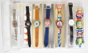 Seven Swatch wristwatches including MusiCall Dudelsack SLR101, Scuba 200, Be Found SUBM102,