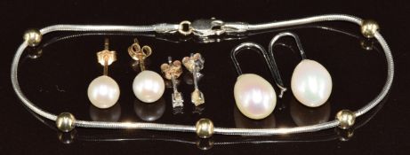 A pair of 18k white gold earrings each set with a pearl (2.5g), two pairs of 9ct gold earrings (1.