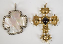 A gilt cross set with topaz, a garnet and pearls by Percossi Papi and a silver cross set with mother