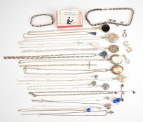 Five silver lockets including one set with a cameo, nineteen silver chains, fifteen silver