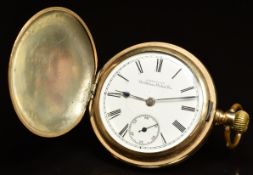 Waltham gold plated keyless winding full hunter pocket watch with subsidiary seconds dial, blued
