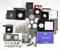 Three Royal Mint proof silver coins comprising 2017 Queen's Beasts 1oz, 2016 last 'Round Pound'