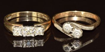 Two 9ct gold rings both set with diamonds, size P & O, 5.7g