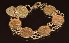 A 9ct gold bracelet set with six gold half sovereigns comprising 1982, 1912, 1909, 1898, 1892 &