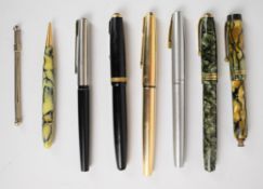 Six various fountain pens including Parker Duofold, Conway Stewart 58, Sheaffer etc together with