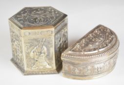Two  Chinese, Burmese or similar silver trinket pots, one hexagonal with Chinese or similar