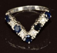 A 9ct white gold 'V' shaped ring set with sapphires and diamonds, 3g, size Q