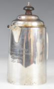 Victorian hallmarked silver hot water jug with insulated handle and plain lid, inscription