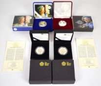 Four various silver proof Royal commemorative crowns comprising 2008 Prince of Wales, 2008 Queen