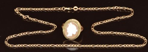 A 9ct gold chain (3.8g, 50cm) and 9ct gold ring set with a cameo in a gilt surround (size O)