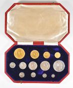 1902 Edward VII specimen coin set, comprising £5 down to Maundy penny including £5, gold double
