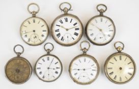 Seven silver open faced pocket watches including John Stevenson of London serial number 49, James