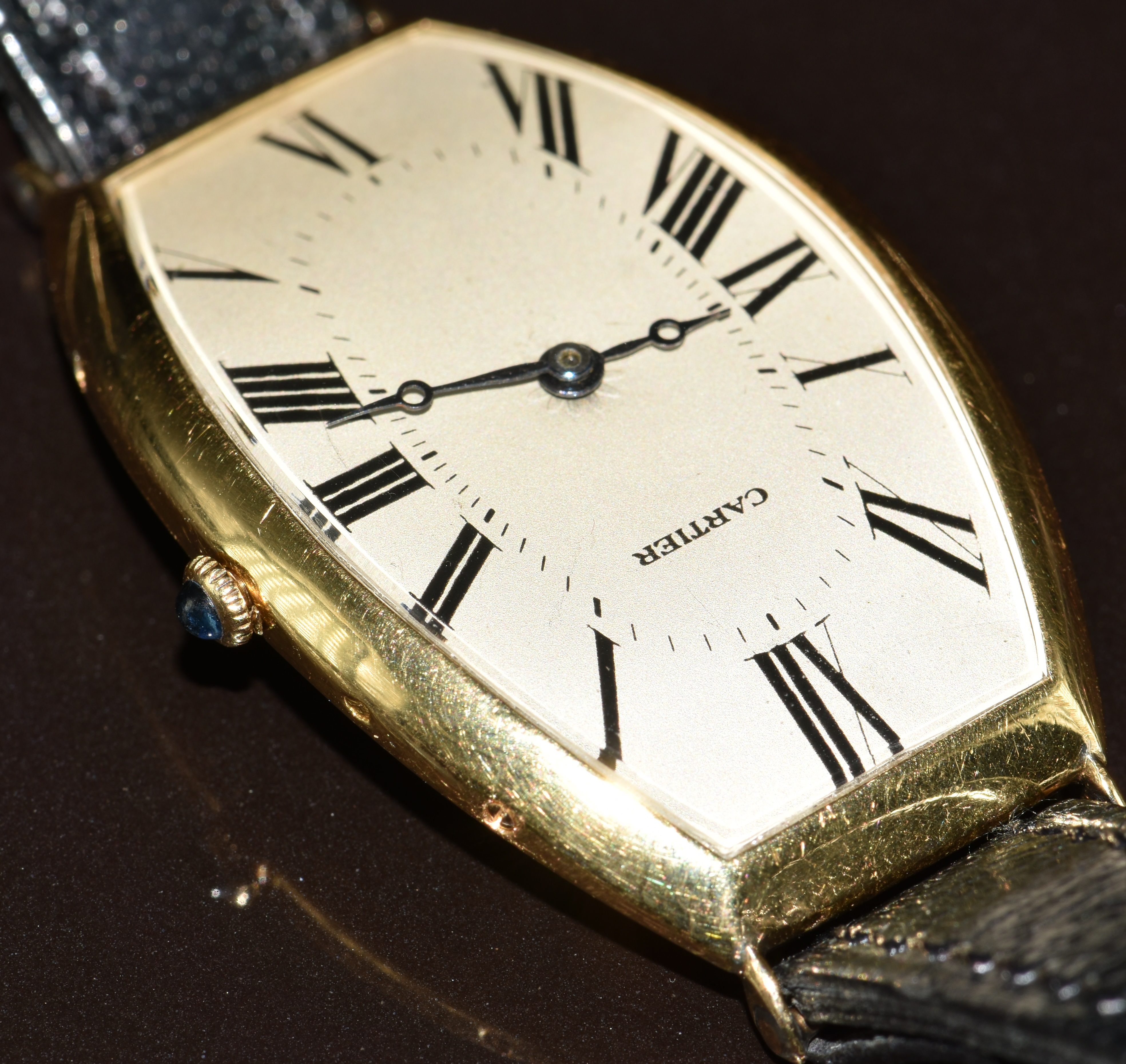 Cartier Tonneau 18ct gold gentleman's wristwatch with blued Breguet hands, silver dial, sapphire set - Image 7 of 14