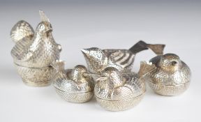 Five Turkish, Burmese or similar novelty trinket pot formed as birds, some with silver marks and