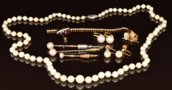 A single strand of cultured pearls with 10k white gold clasp, pair of 9ct gold earrings set with