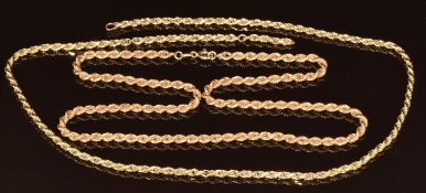 Two 9ct gold rope twist necklaces, one with no clasp, 16.9g, 44 & 48cm