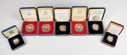 Seven Royal Mint proof silver coins comprising three 1977 crowns, two 1995 £2 and 1983 and 1995 £1