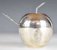Novelty Thai or similar silver condiment pot formed as an apple, with spoon to suit, marked to