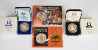 Four Australian silver coins and medallions comprising 1997 Koala and 1995 Kangaroo 1oz fine