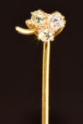 Victorian yellow metal stick pin set with three old cut diamonds in a clover design, in vintage box,