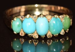 A c1900 gold ring set with five graduated turquoise cabochons and rose cut diamonds (one diamond