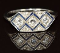 Art Deco platinum ring set with three diamonds, each approximately 0.1ct surrounded by calibre cut