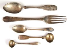 Georgian hallmarked silver table fork, two hallmarked silver salt or mustard spoons and a Russian