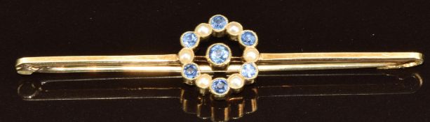 A 15ct gold brooch set with sapphires and seed pearls, 4.7g, 6.2cm