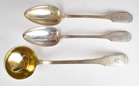 Dutch or similar continental silver soup ladle and pair of basting spoons, each engraved with