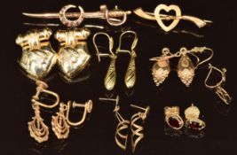 Five pairs of 9ct gold earrings, one pair Victorian (13.3g), a 9ct gold brooch in the form of a