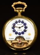 Limit of Switzerland Hebdomas patent keyless winding open faced pocket watch with visible
