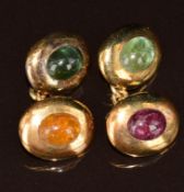 A pair of 18k gold cufflinks set with green, pink and yellow tourmaline cabochons, 14.3g