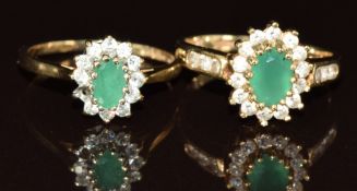 Two 9ct gold rings set with emeralds surrounded by cubic zirconia, 4.4g, size M & N