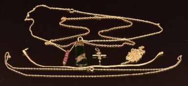 Four 9ct gold chains, 9ct gold bracelet, 9ct gold crucifix, 9ct gold pendant set with garnets (8.7g)