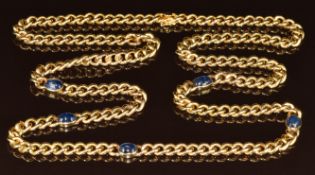An 18k gold curb link necklace set with five sapphire cabochons, each approximately 2ct, 124.1g,