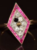 Art Deco 18ct gold ring set with old cut diamonds surrounded by calibre cut rubies (two diamonds