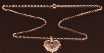 A 9ct rose gold heart locket on 9ct gold chain, 4.4g, 46cm