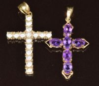 Two 9ct gold crosses, one set with amethysts and the other cubic zirconia, both 3cm long, 3.7g