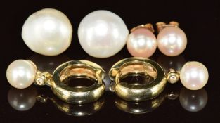 A pair of 9ct gold earrings each set with a pearl and diamond, and two pairs of pearl earrings, 11.