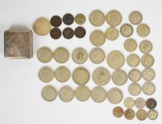 Approximately 296g pre 1947 British silver coinage, 1937 Swiss 5 franc coin and a Dutch silver snuff